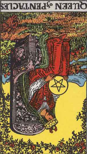 The Reversed Queen Of Pentacles Tarot Card From The Rider-Waite Tarot Deck.