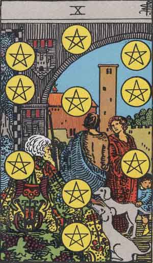 The Ten Of Pentacles Tarot Card From The Rider-Waite Tarot Deck.