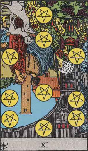 The Reversed Ten Of Pentacles Tarot Card From The Rider-Waite Tarot Deck.