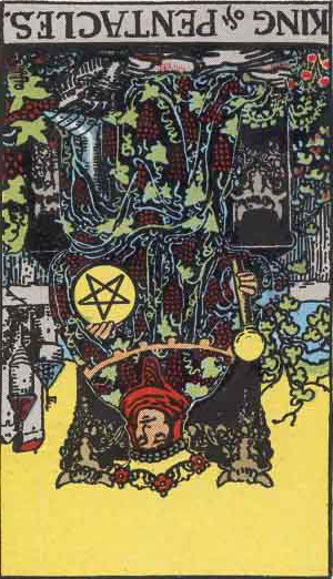 The Reversed King Of Pentacles Tarot Card From The Rider-Waite Tarot Deck.