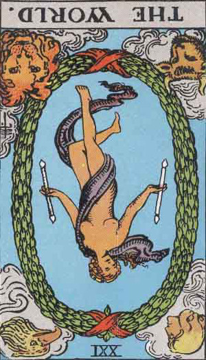 The Reversed World Tarot Card From The Rider-Waite Tarot Deck.